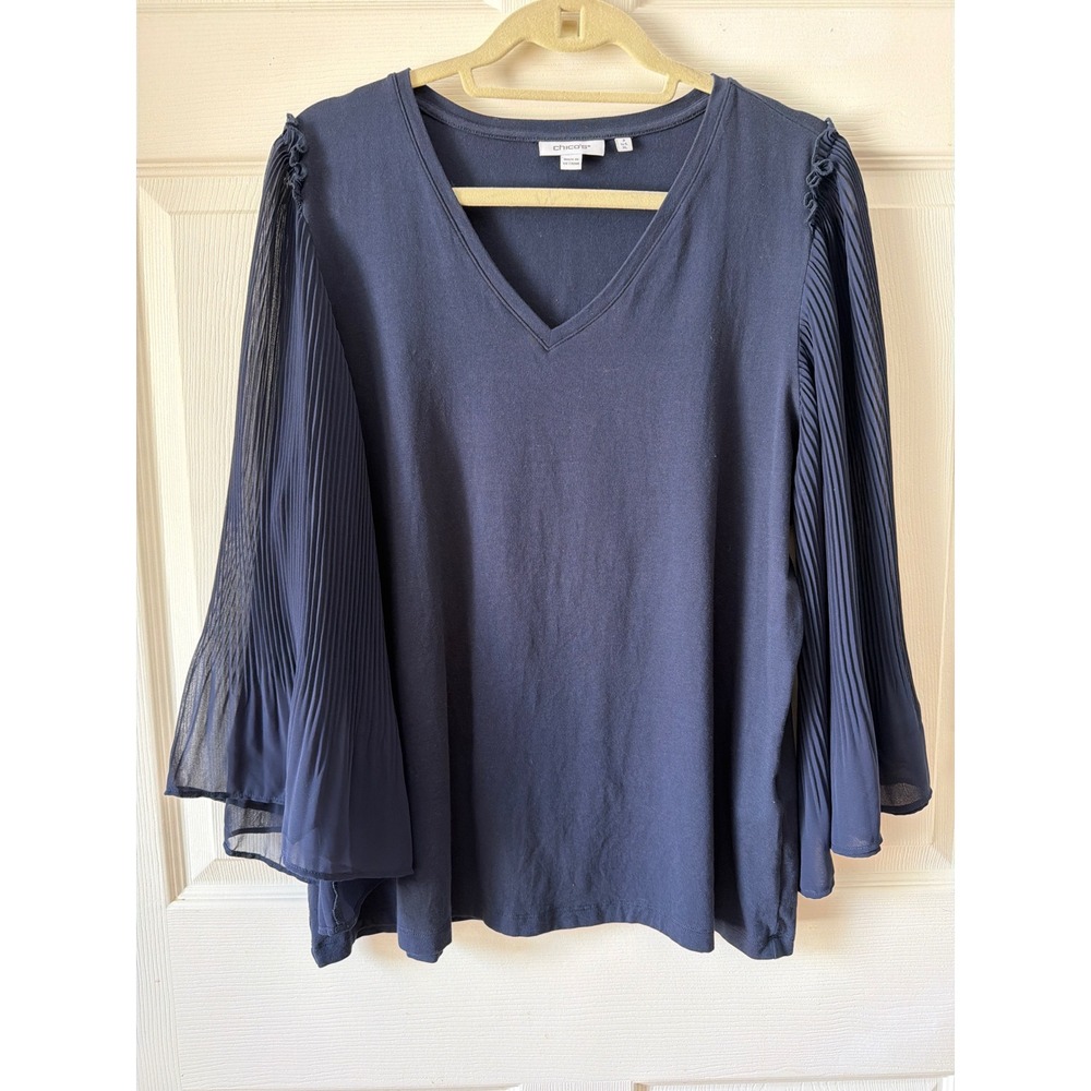 Chico's Pleated Sheer Bell Sleeve Top Women XL Navy Blue V-Neck Careerwear Boho